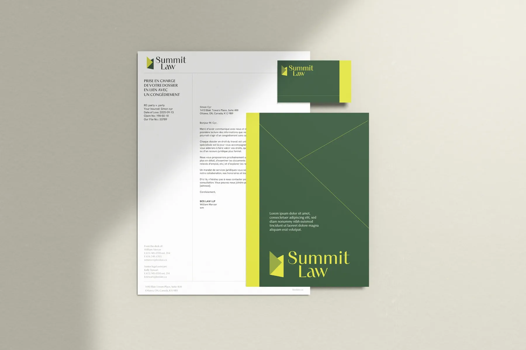 Papeterie Summit Law : en-tête, enveloppe, chemise et carte
