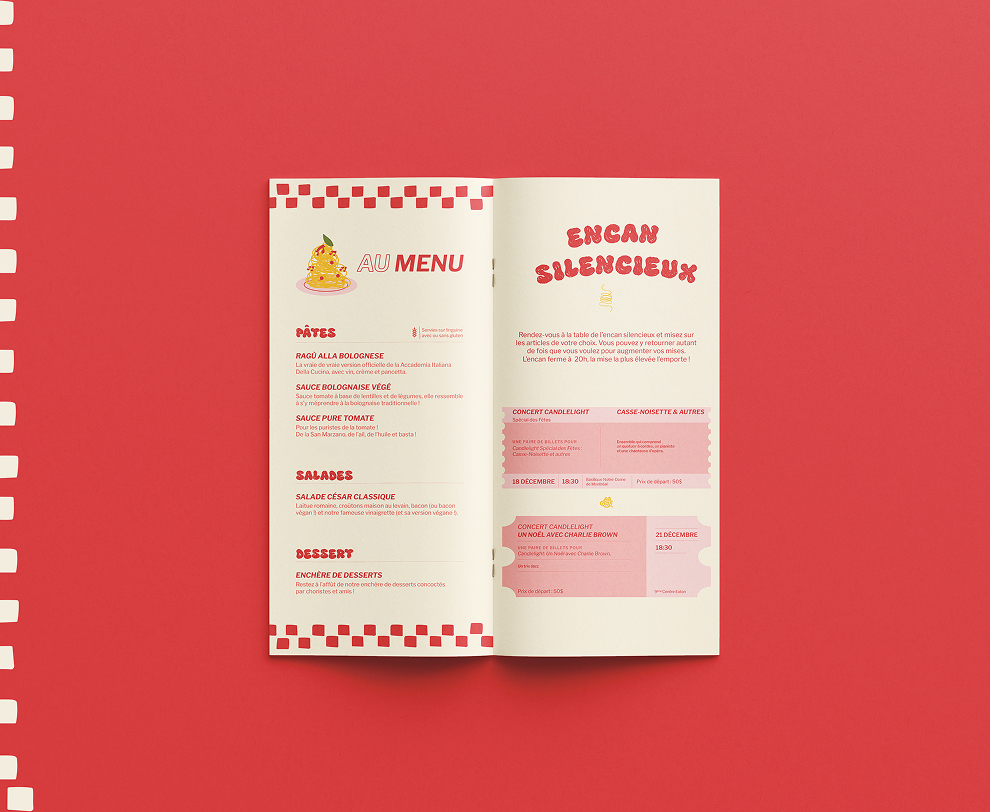 Livret ouvert présentant le menu d'une soirée-bénéfice des Voix Ferrées, sur fond rouge