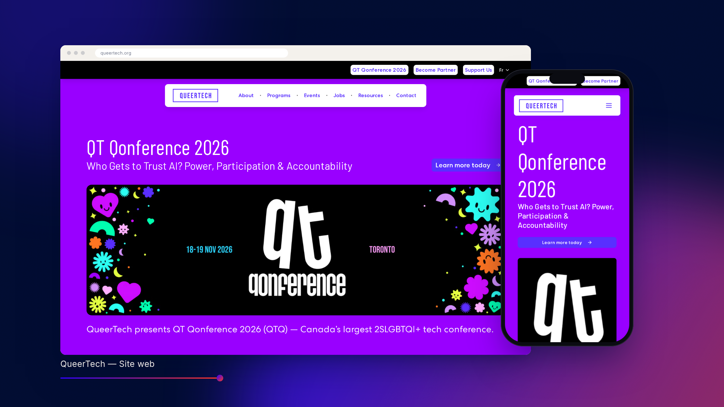 Site de QueerTech sur desktop et mobile, sur fond bleu nuit