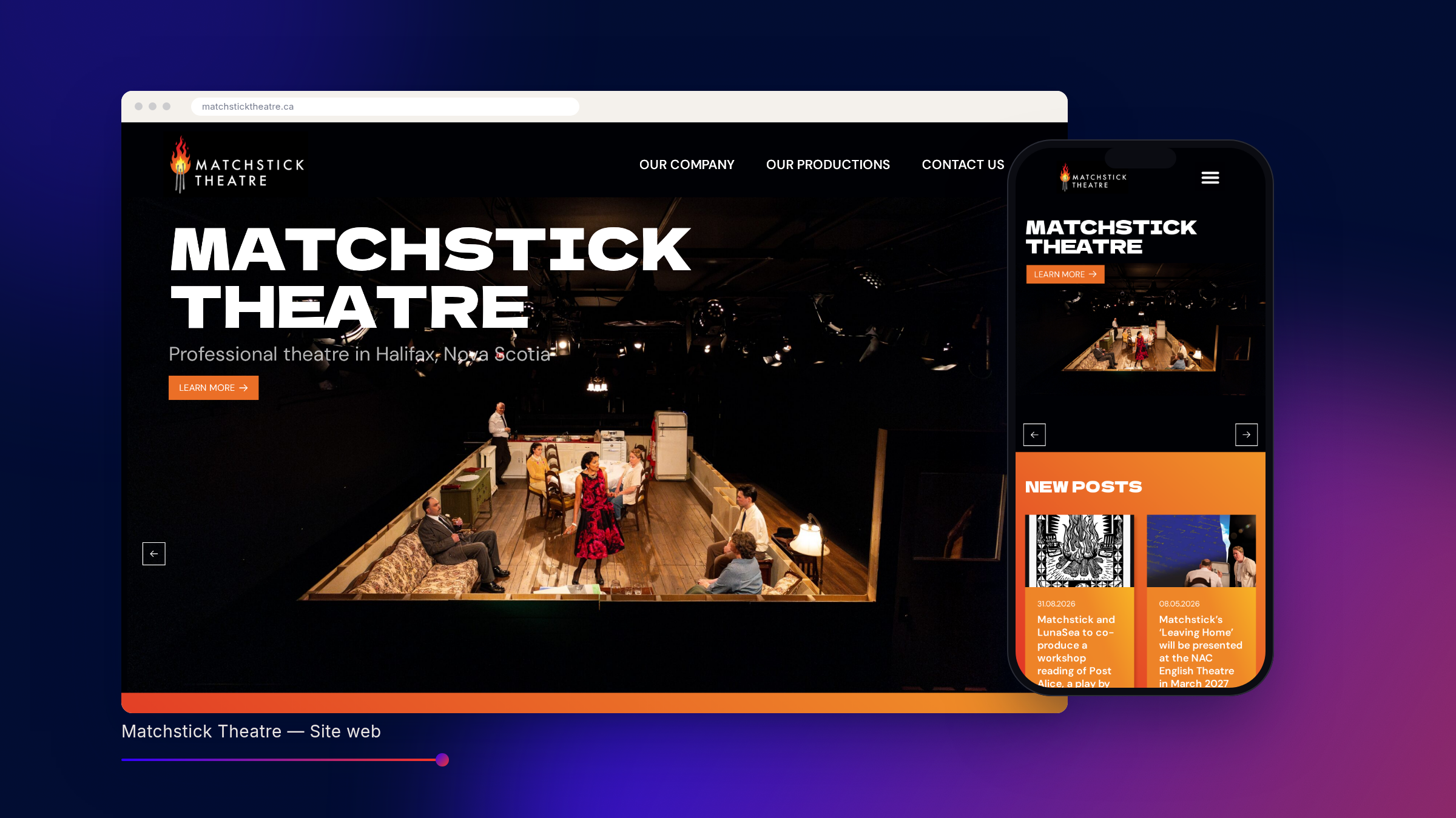 Site de Matchstick Theatre sur desktop et mobile, sur fond bleu nuit