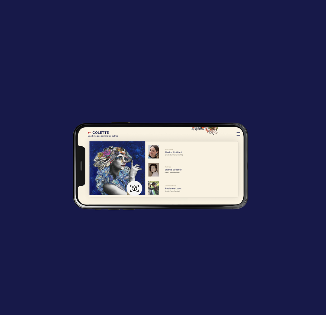 Téléphone à l'horizontale affichant la liste des œuvres de l'application d'Adèle Blais