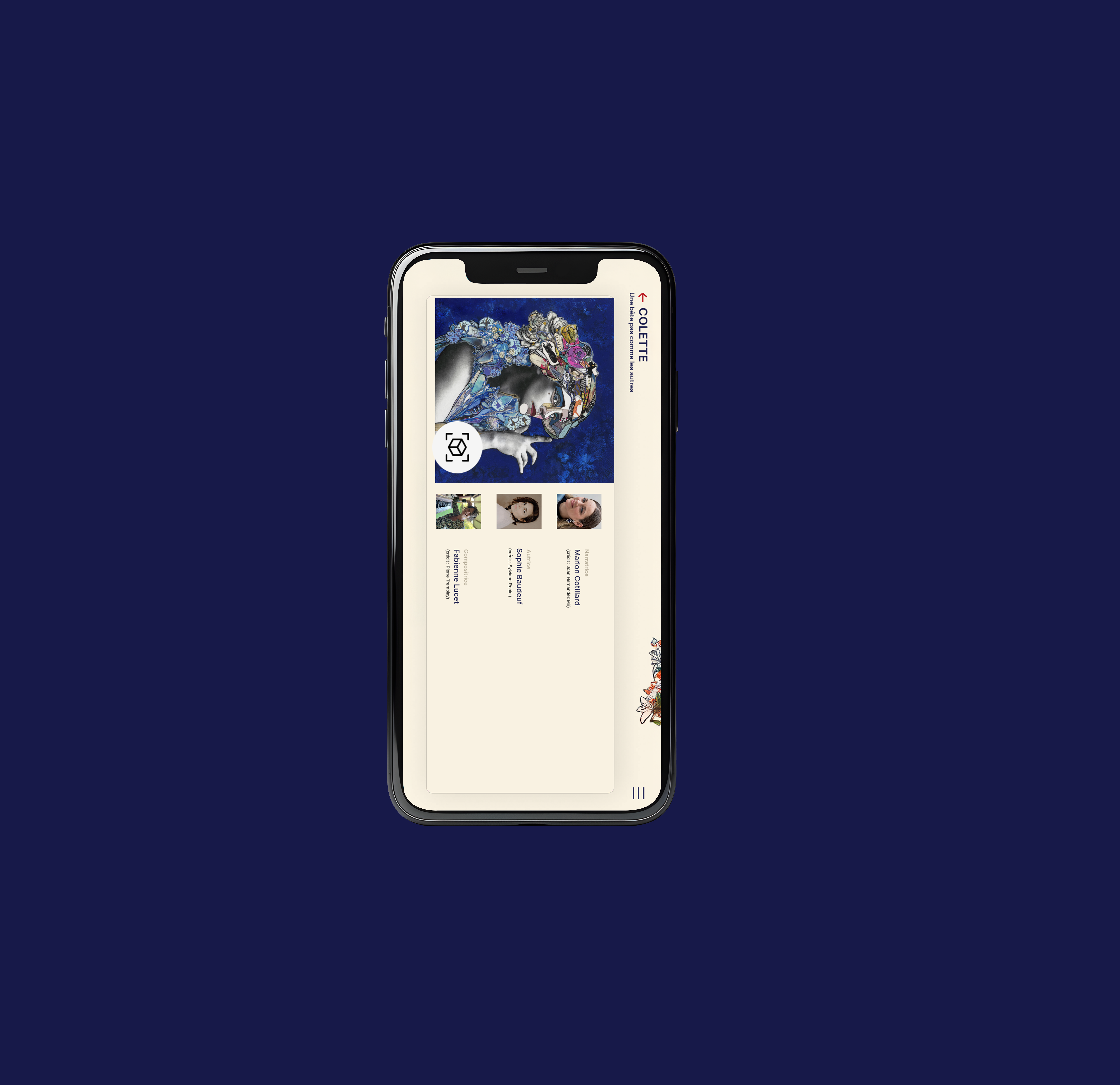 Téléphone affichant l'accueil de l'application d'Adèle Blais sur fond bleu nuit