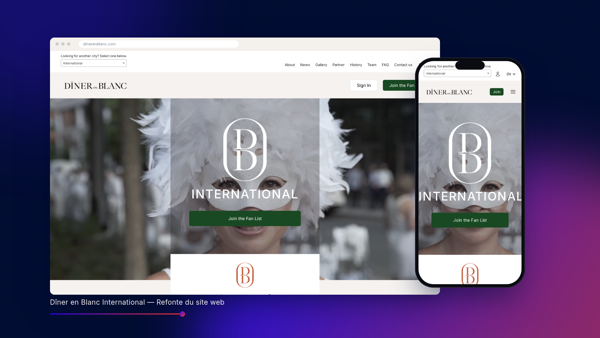 Site du Dîner en Blanc sur desktop et mobile, sur fond bleu nuit