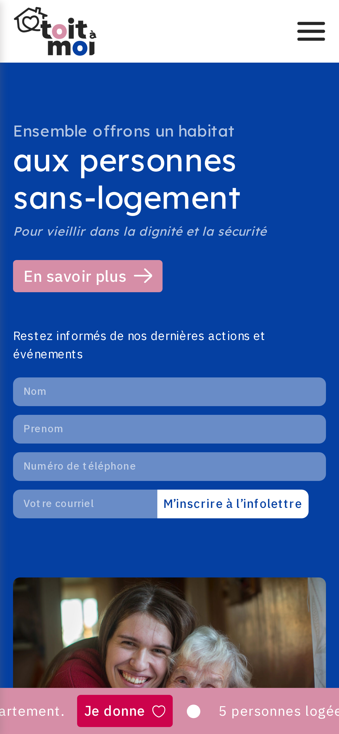 Page d'accueil du site de Toit à moi sur mobile