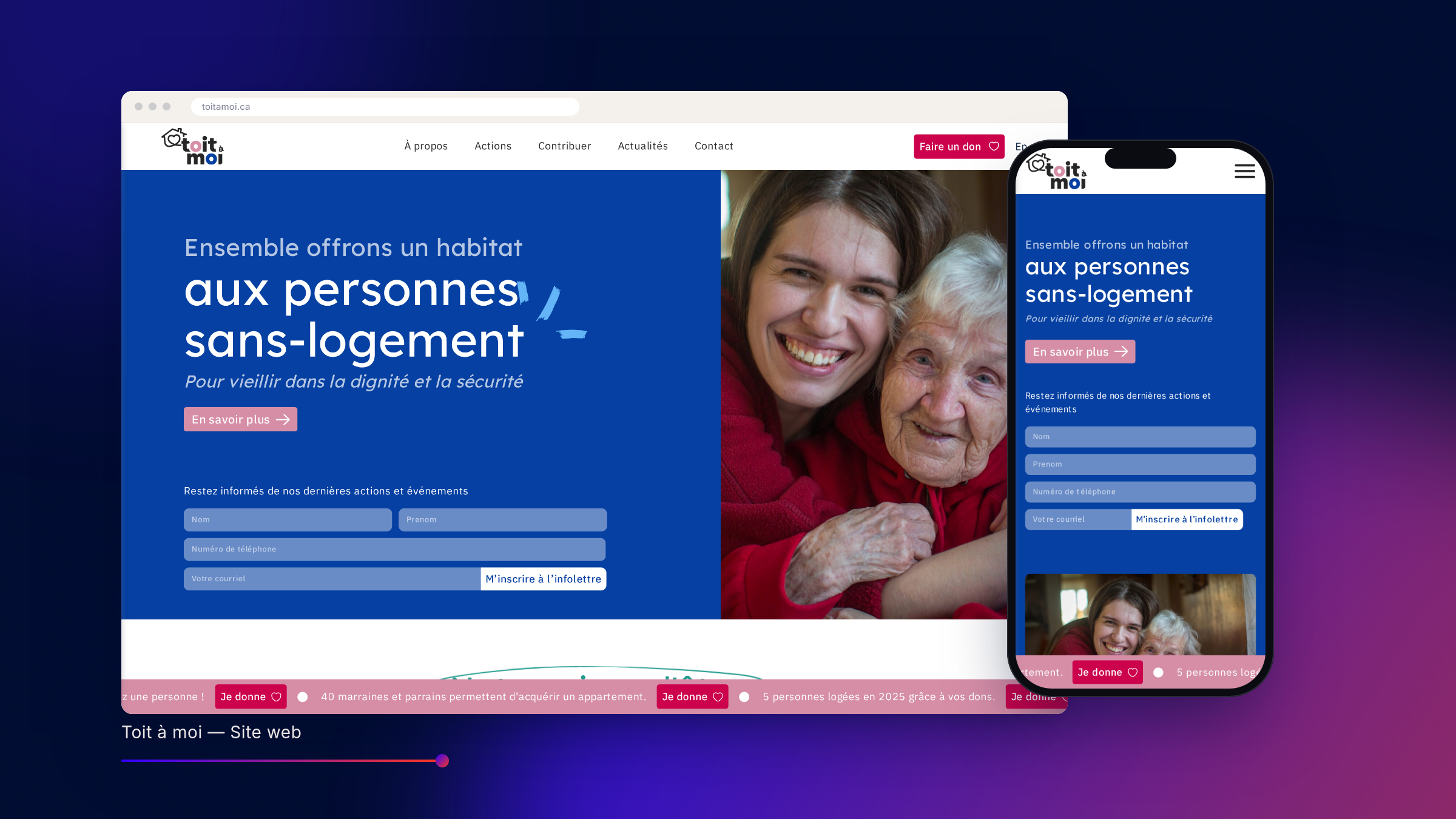Site de Toit à moi sur desktop et mobile, sur fond bleu nuit