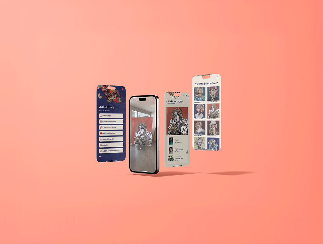 Trois téléphones affichant des écrans de l'application d'Adèle Blais sur fond corail