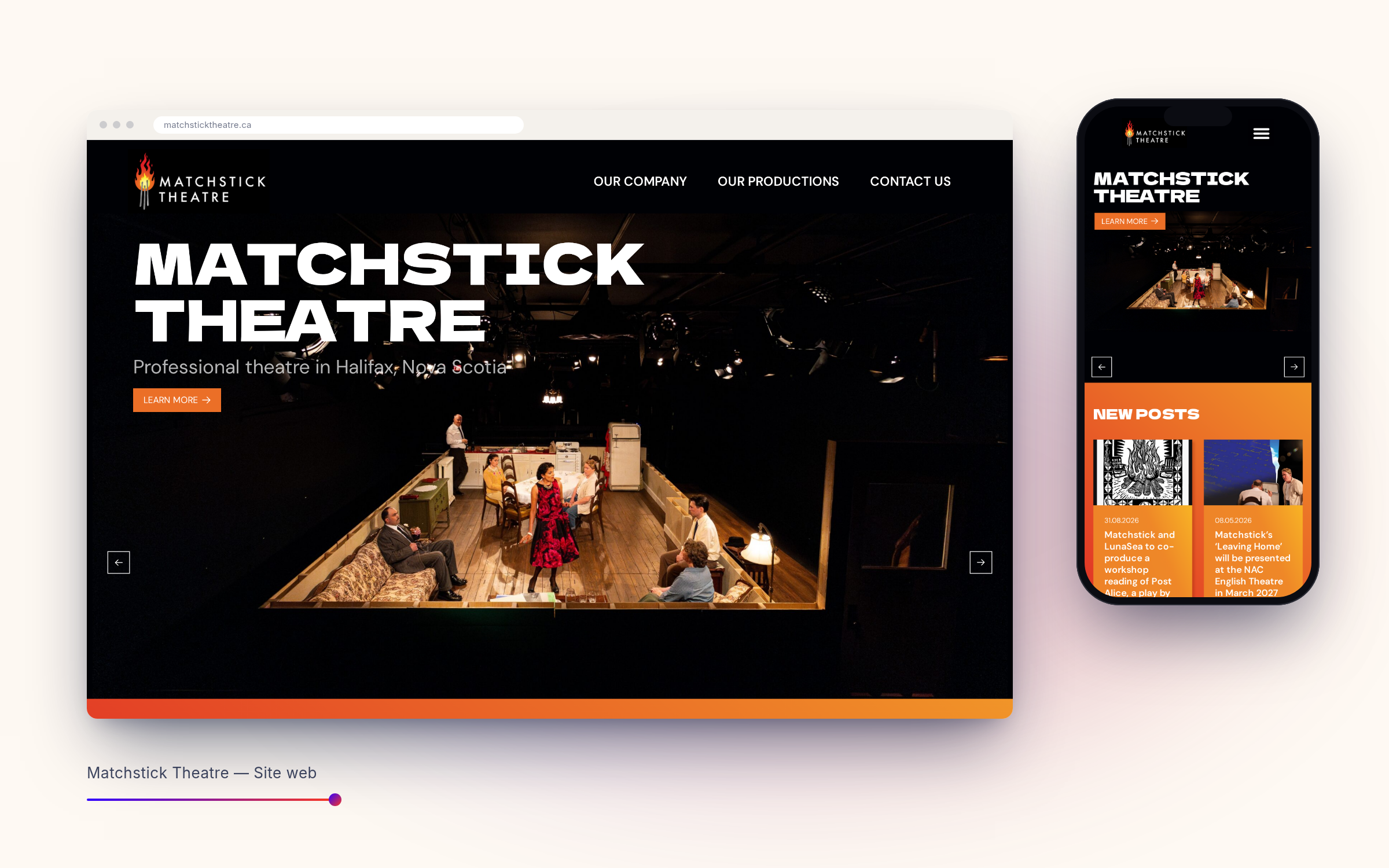 Site de Matchstick Theatre sur desktop et mobile, page d'accueil sombre aux accents orangés