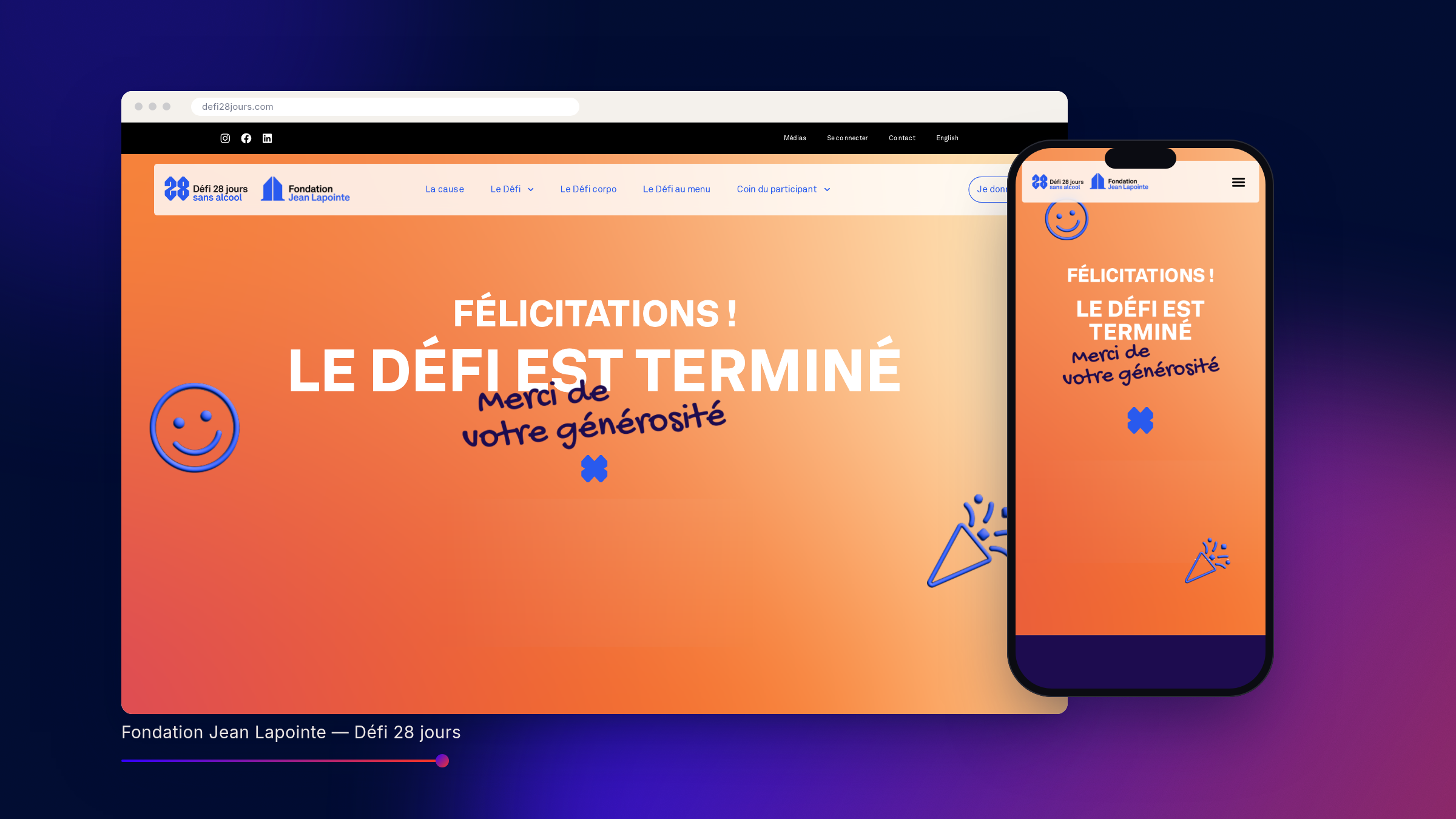 Site du Défi 28 jours sur desktop et mobile, sur fond bleu nuit