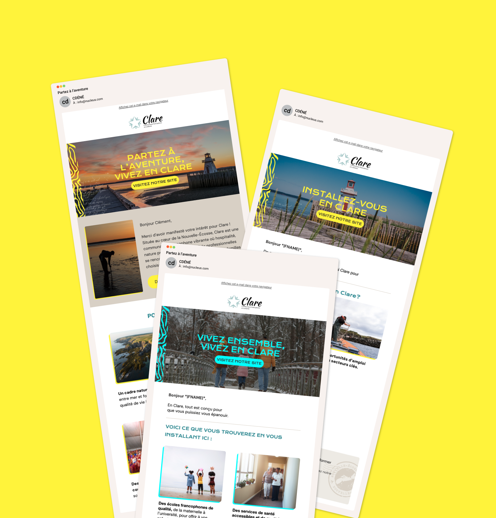 Pages du site Vivre en Clare sur fond jaune, avec des photos de la région de Clare