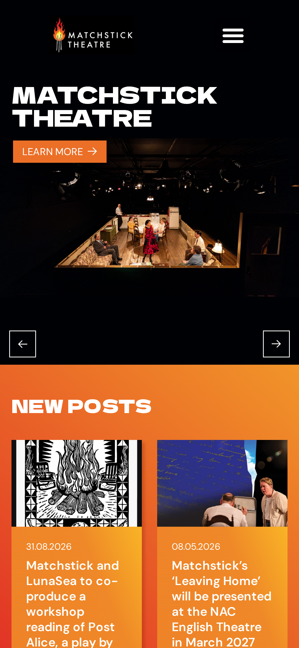 Page d'accueil du site de Matchstick Theatre sur mobile