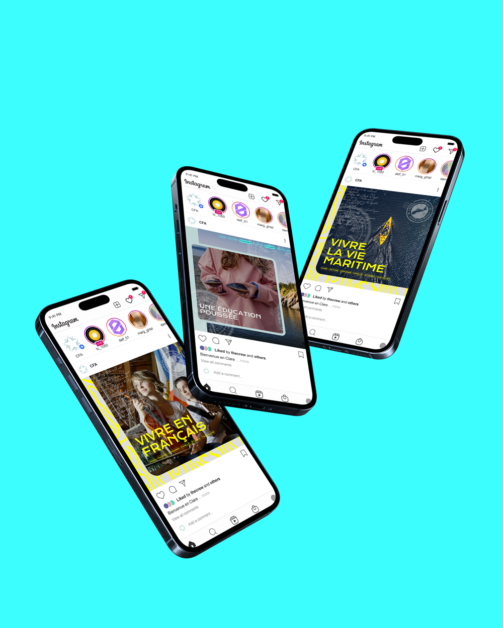 Trois téléphones affichant des publications de la campagne Vivre en Clare sur fond turquoise