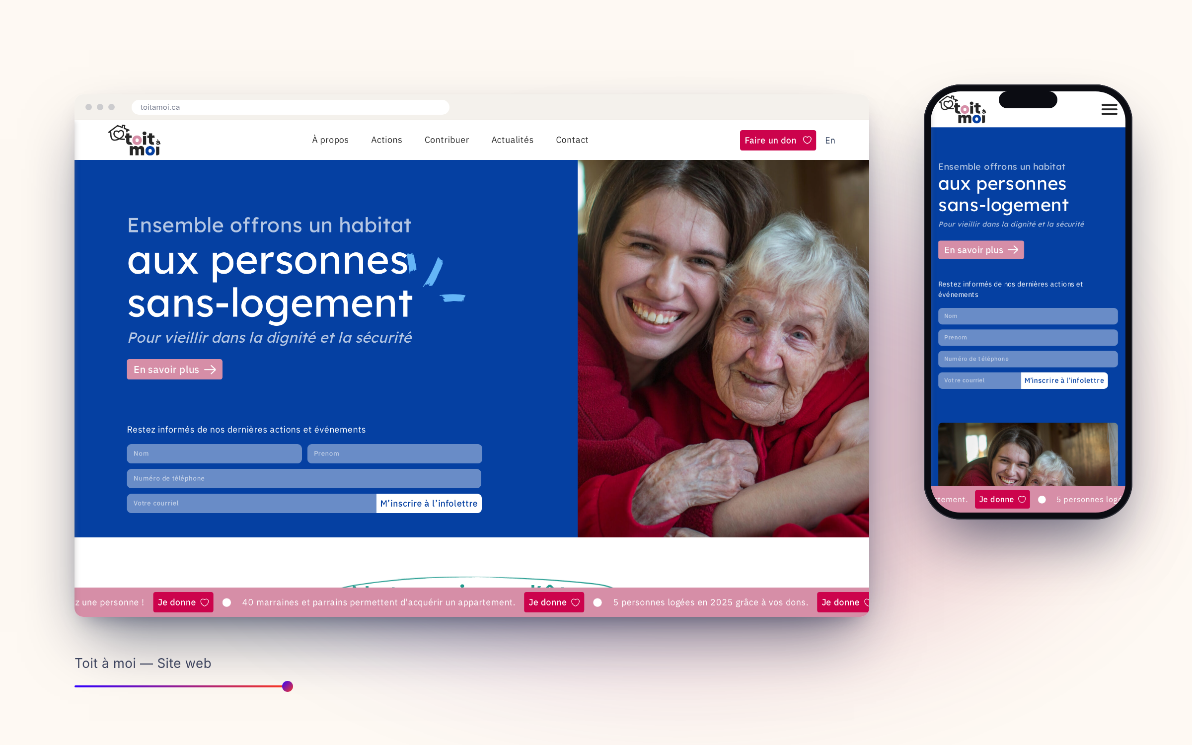 Site de Toit à moi sur desktop et mobile, titre « Ensemble offrons un habitat aux personnes sans-logement »