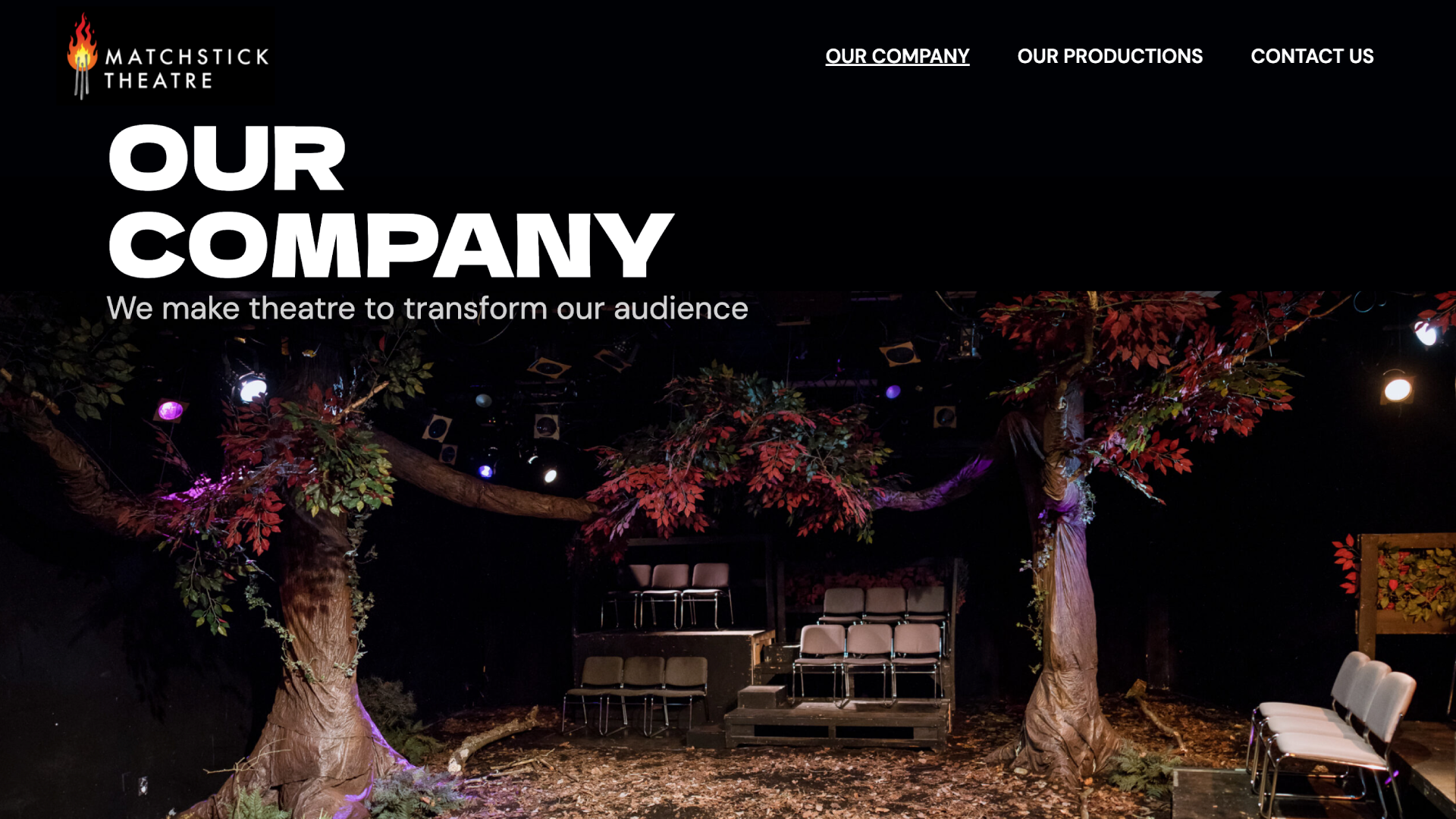 Page « Our Company » du site de Matchstick Theatre, sur une photo de scène nocturne
