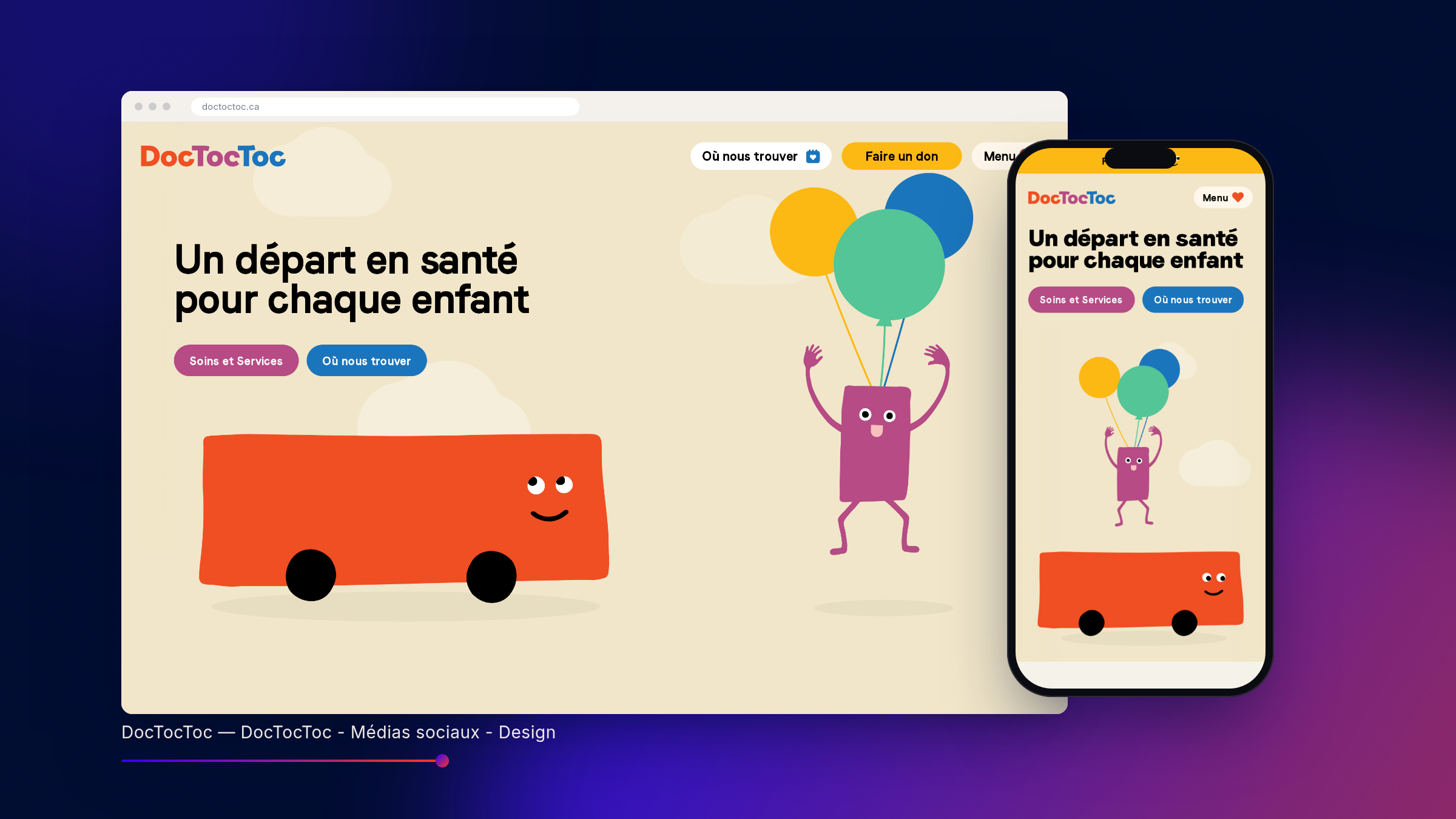 Site de DocTocToc sur desktop et mobile, sur fond bleu nuit
