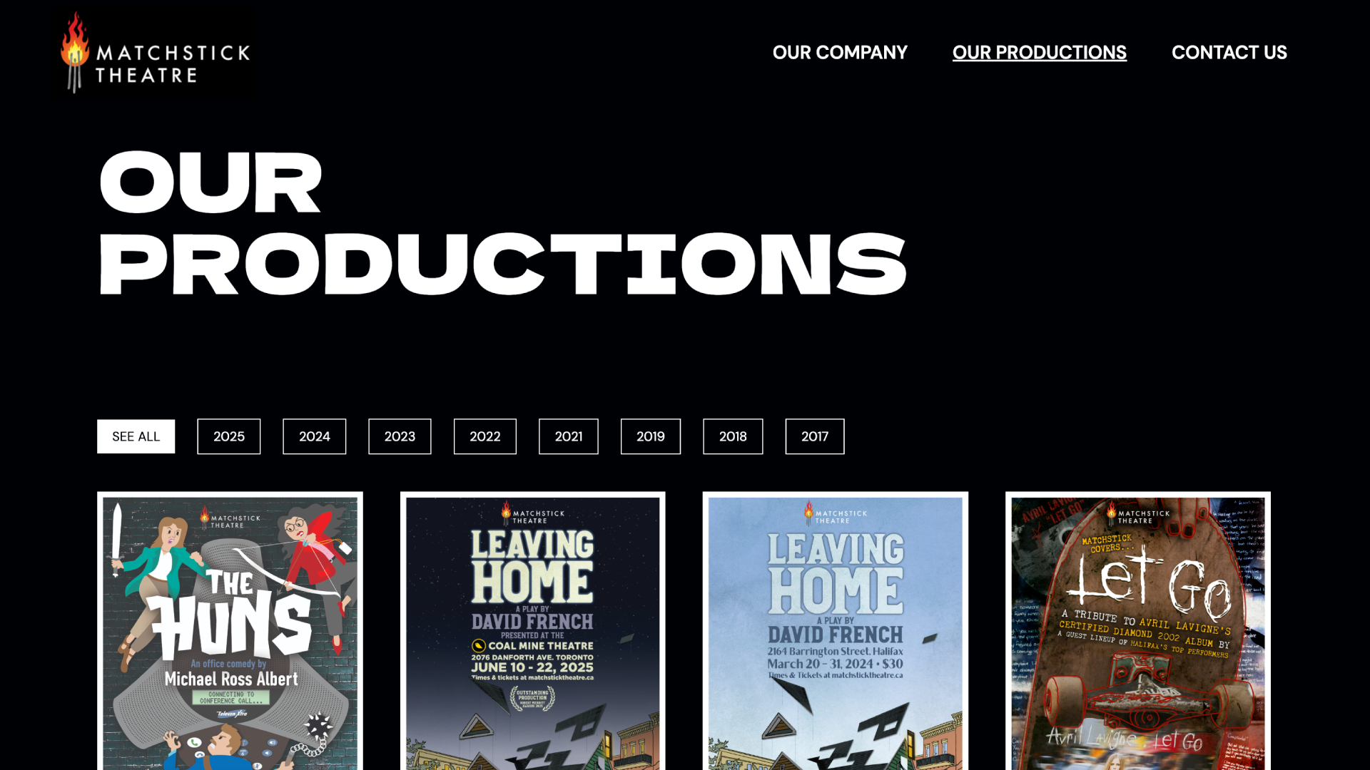 Page « Our Productions » listant les affiches des spectacles de Matchstick Theatre