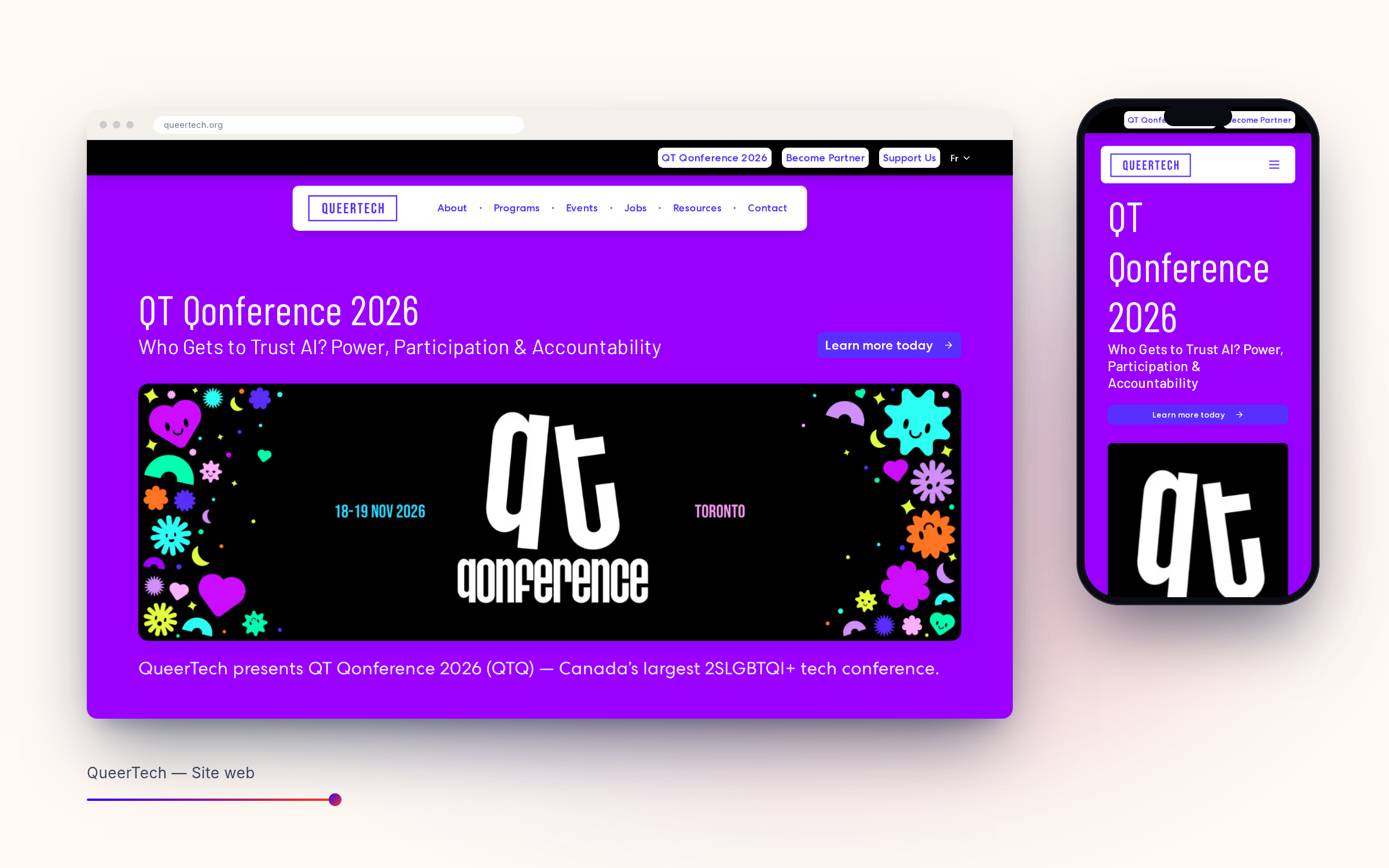 Site de QueerTech sur desktop et mobile, page « QT Conference 2026 » sur fond violet