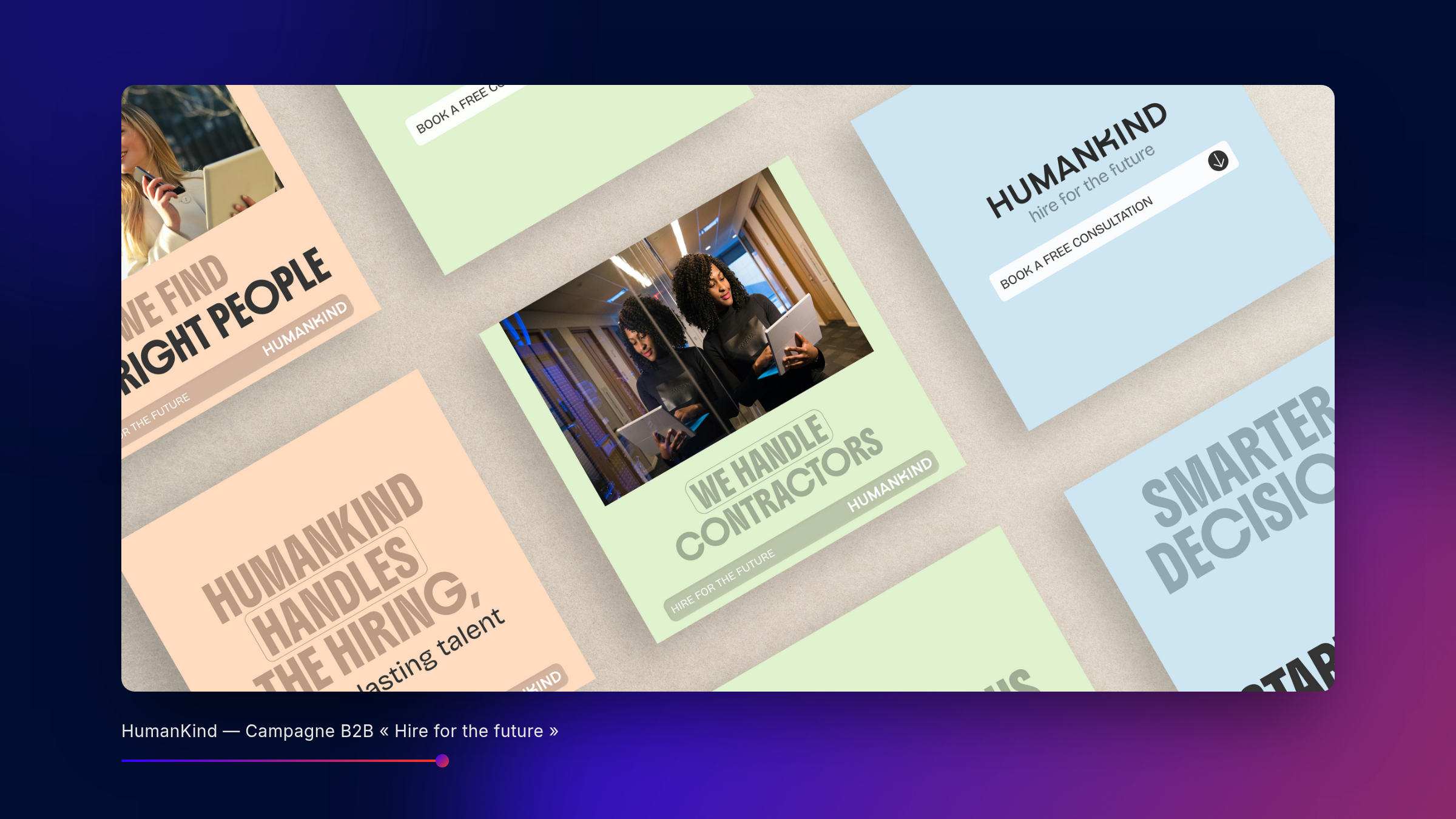 Publications sociales HumanKind aux couleurs pastel, sur fond bleu nuit