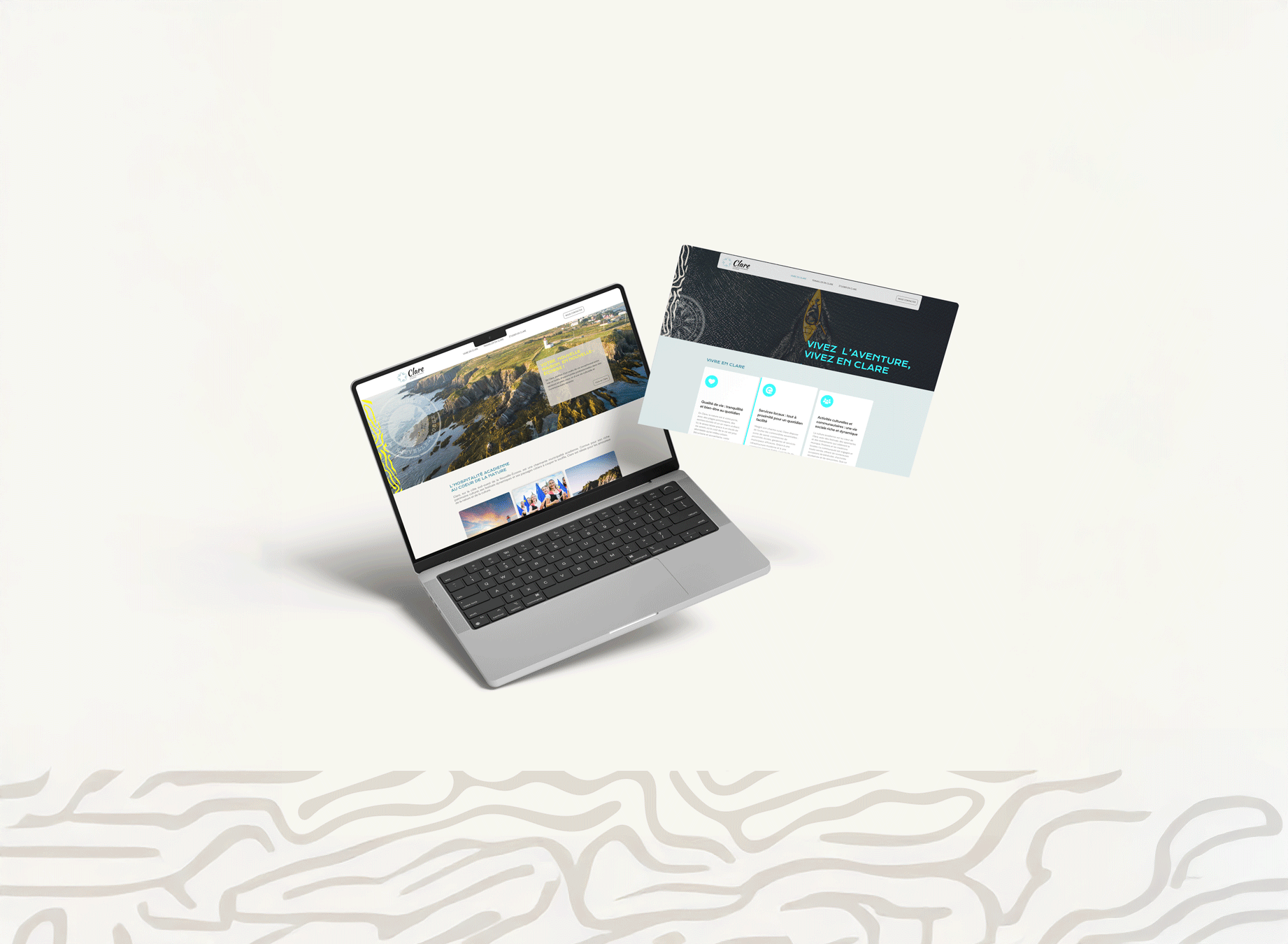 Ordinateur portable et tablette flottants affichant le site Vivre en Clare