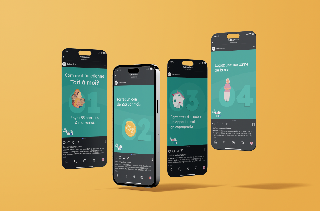 Quatre téléphones flottants affichant les publications de Toit à moi sur fond jaune