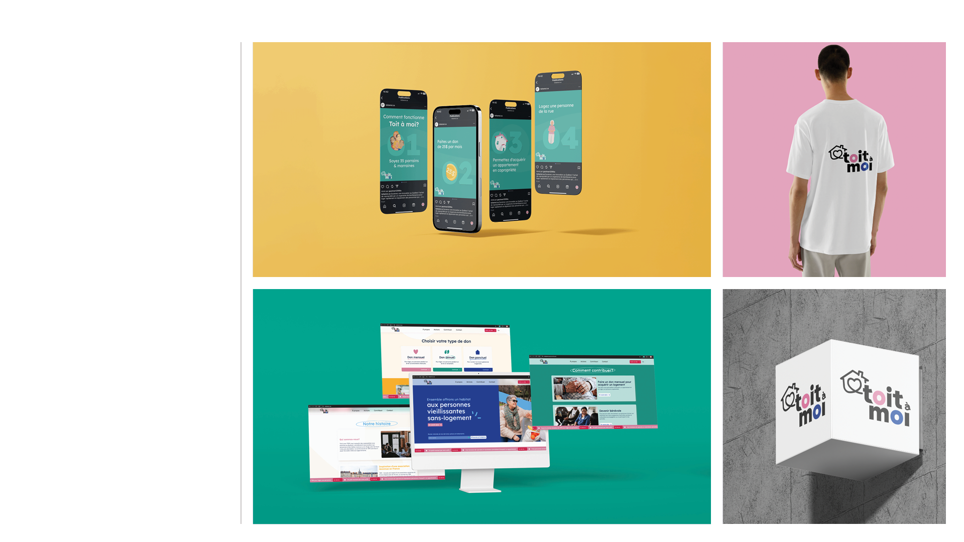 Mosaïque Toit à moi : publications mobiles, t-shirt, site sur plusieurs écrans et enseigne